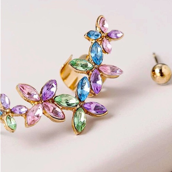Gold Multicolor Flower Ear Cuff Climber Earring - Picture 3 of 6